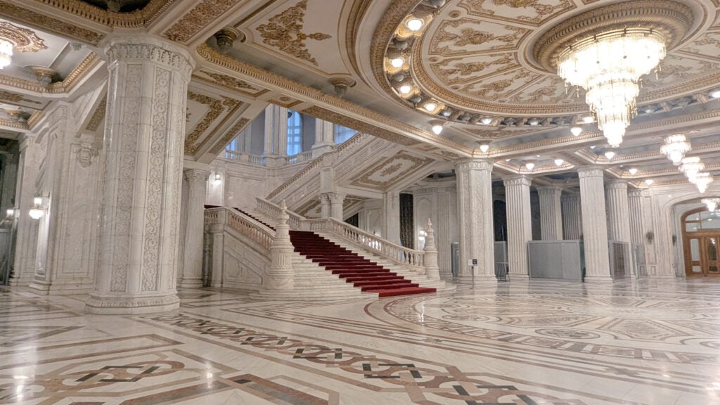 Inside the House of the People - Romanian Parliament - Bucharest - Central atrium and staircase