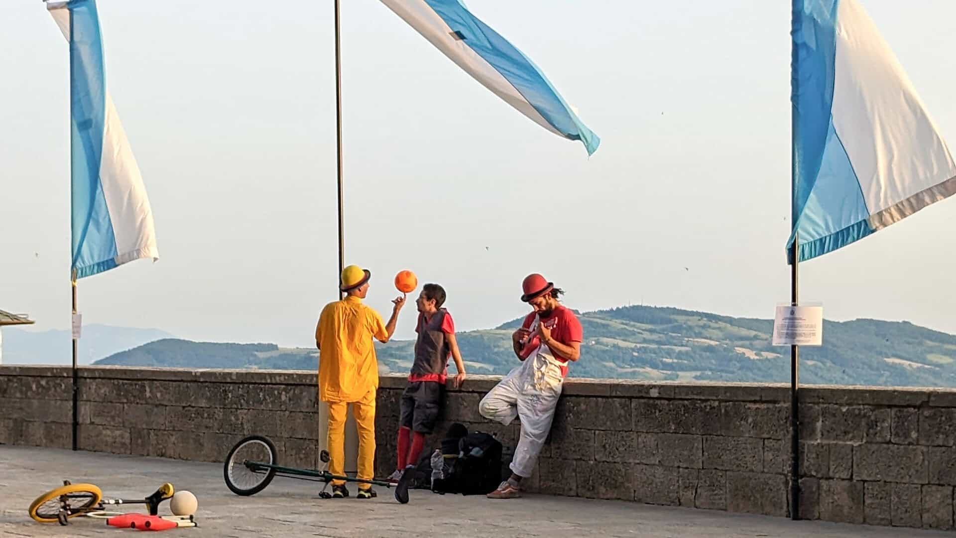 Things to do in San Marino - views of from Piazza della libertà including street performers