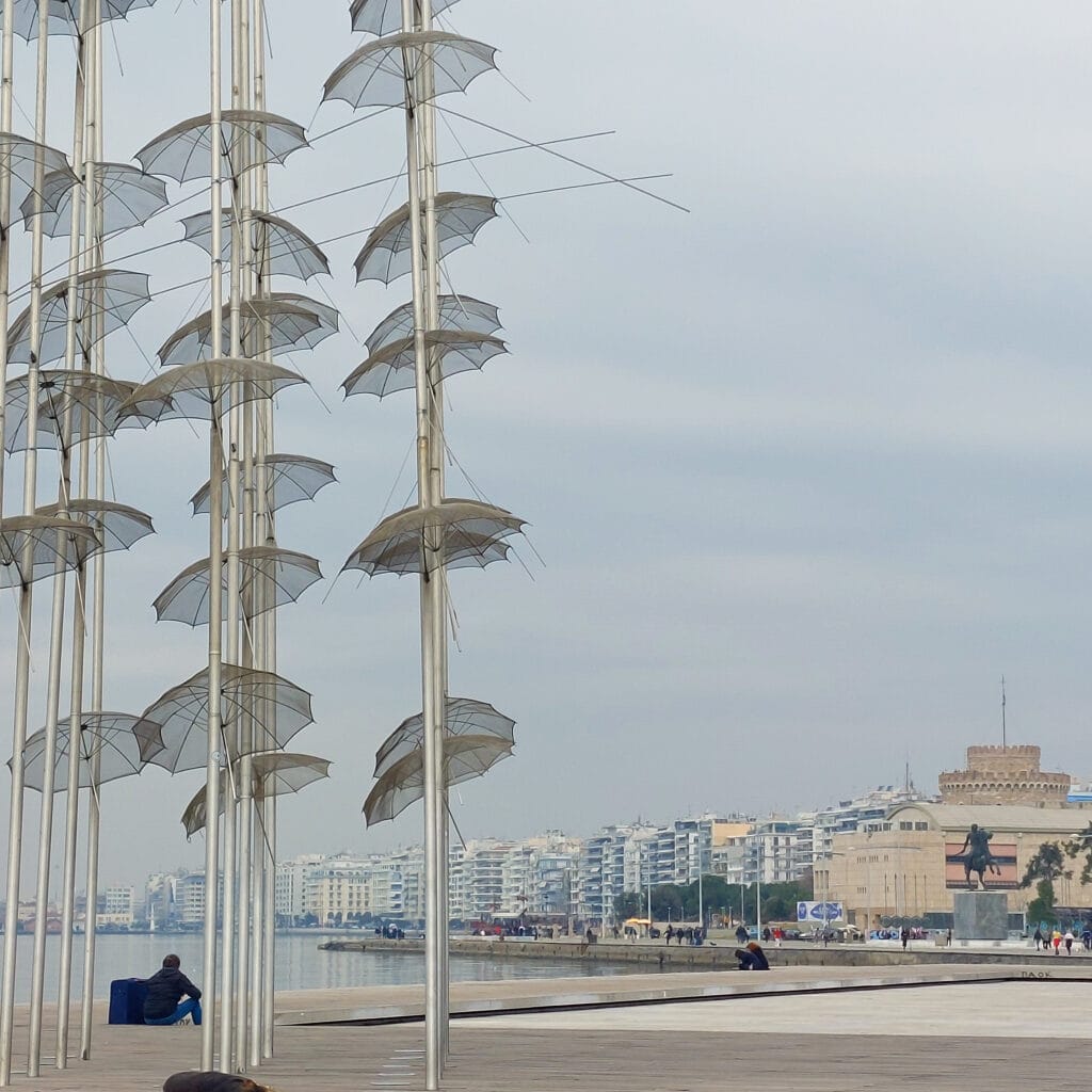 Balkan overland itineraries - Skopje to Thessaloniki - umbrellas on the beach