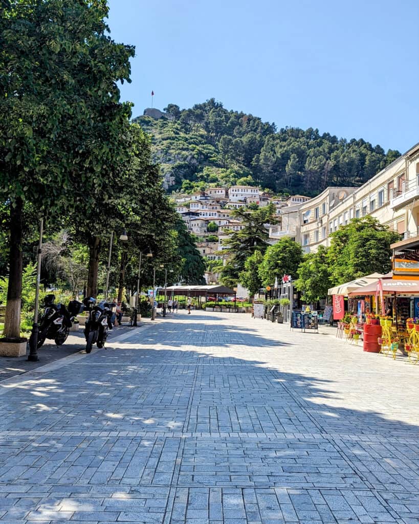Berat Pedestrianised street with fort in the background