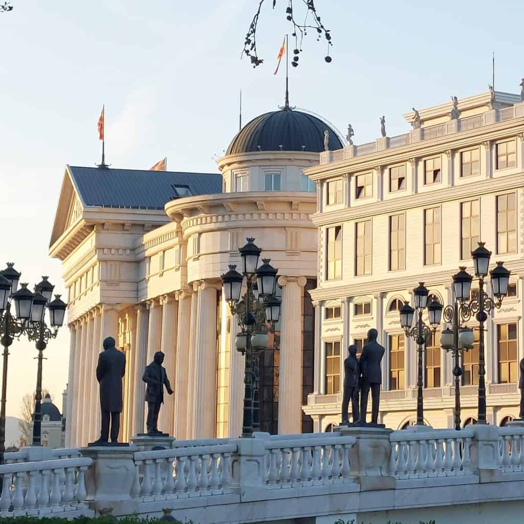 skopje archeological museum and bridge with statues