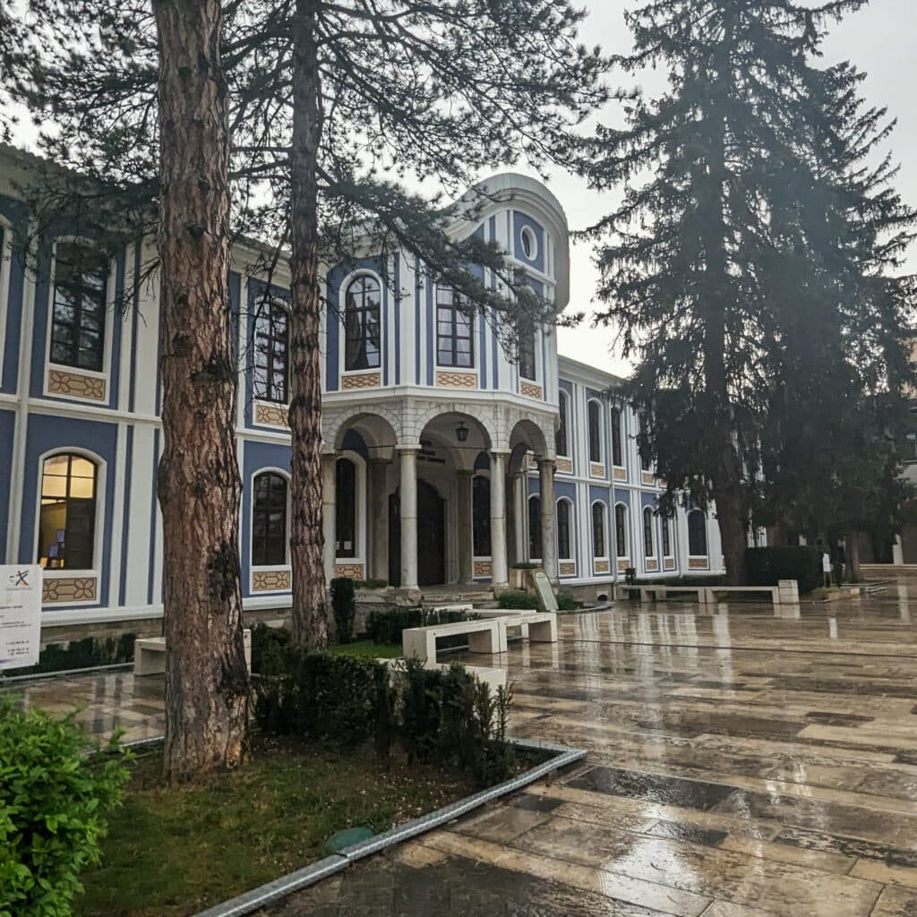 blue and white building in centre of Veliko Tarnova Bulgaria