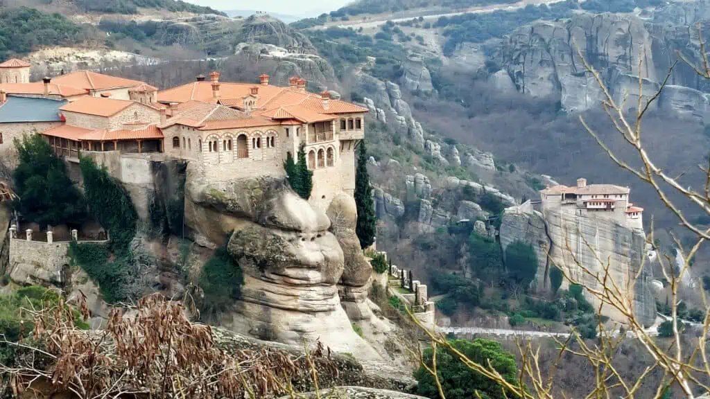 monastery of varlaam perched on the top of a rock cliff a stop on a journey when travelling from Thessaloniki to Athens, Greece