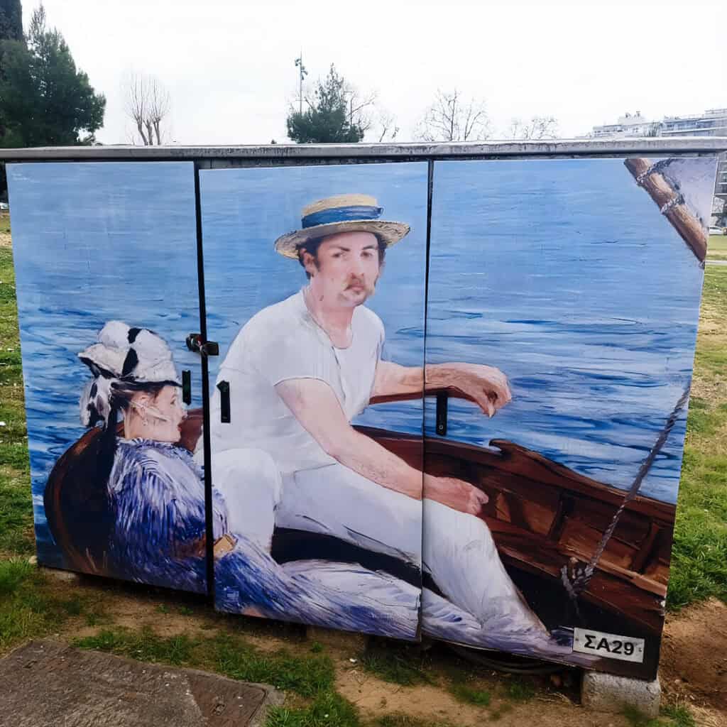 public art new waterfront thessaloniki man and lady in a boat