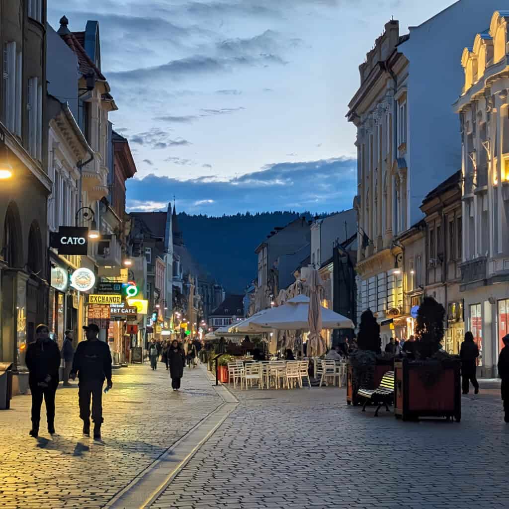 Brasov at night main pedestrian street