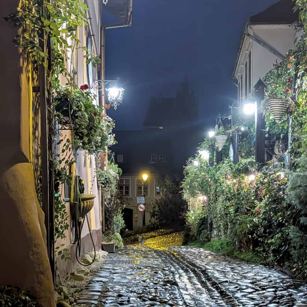 cobbled streets at night at Sighisoara