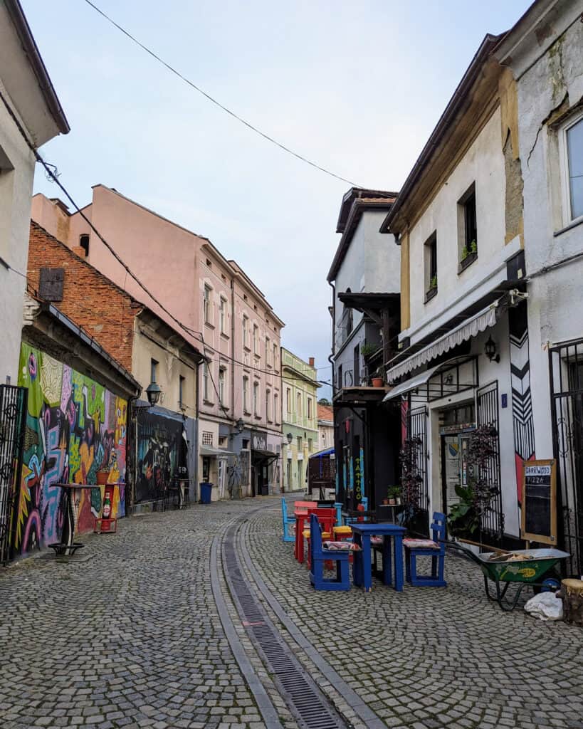 old town Tuzla street art and colourful cobblestoned streets