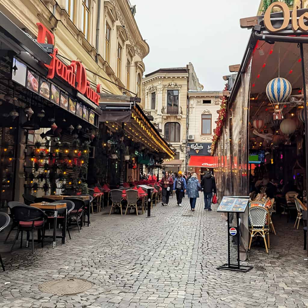 Old Town Bucharest - Street Sceme with cafes and bars