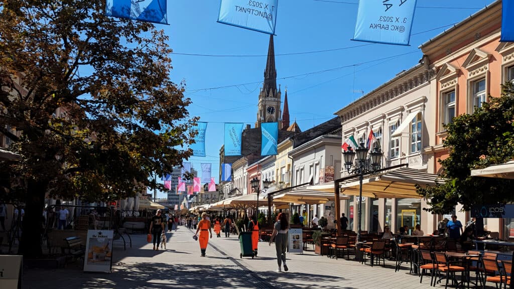 Pedestrian Street in the middle of Novi Sad Serbia, lined with cafes