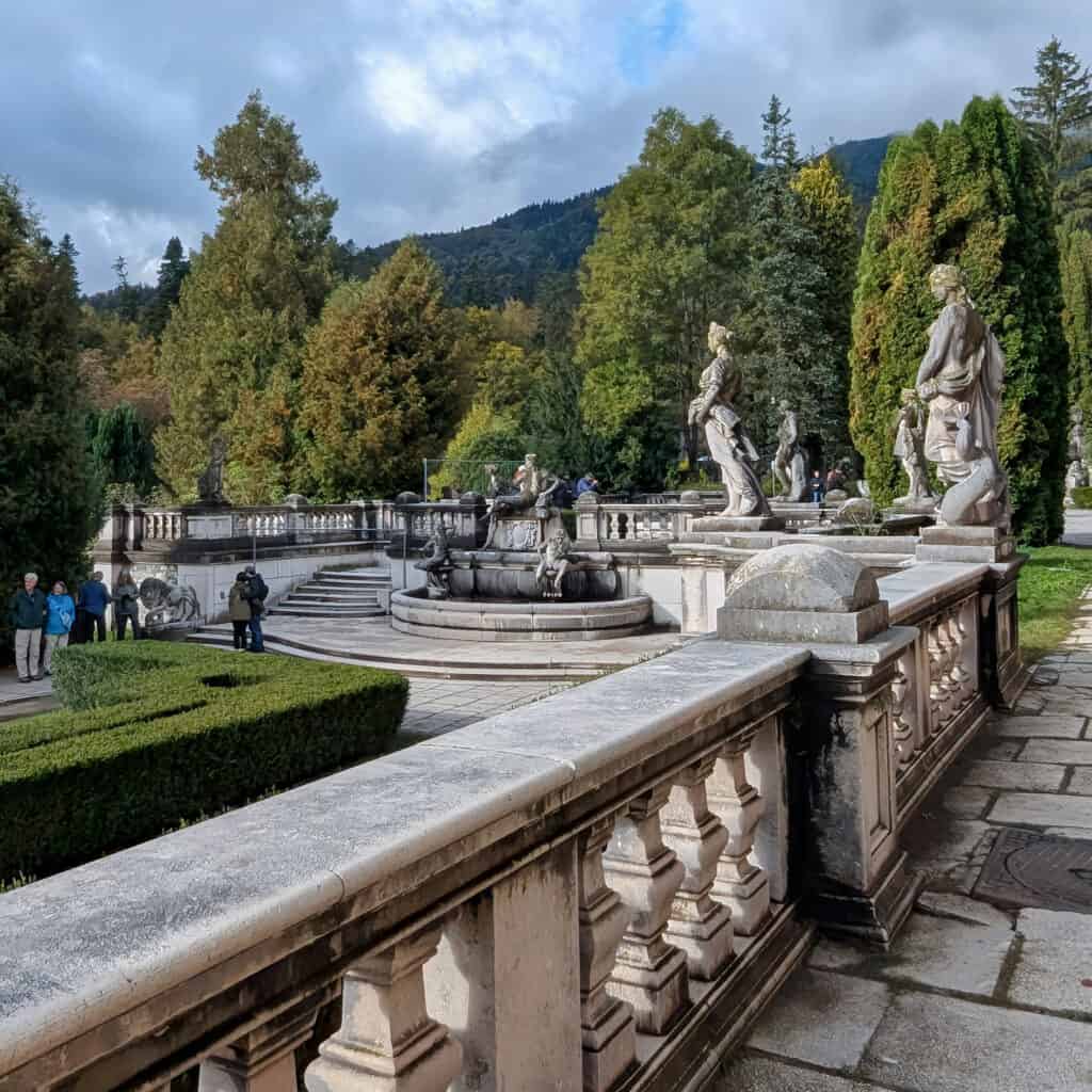 Peles Castle Grounds View of statues at entrance