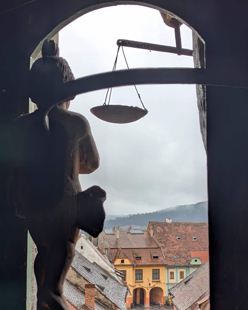view climbing up the clock tower Sighisoara