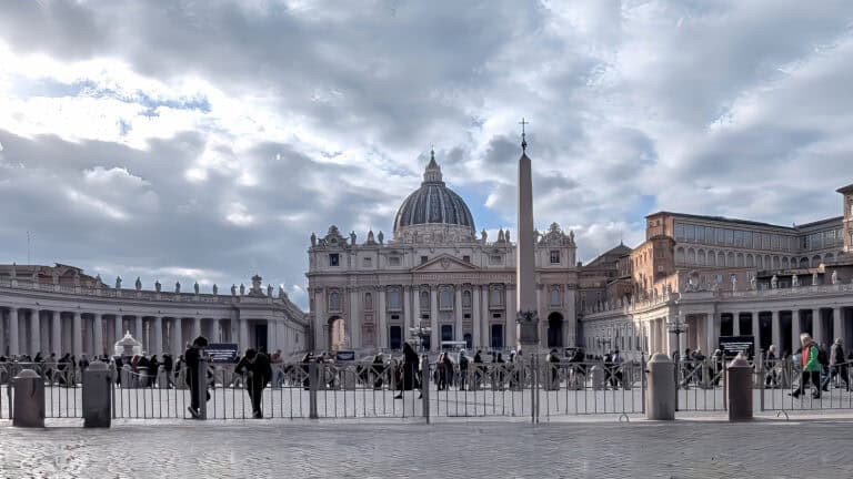 wide angle view of St Peter's Square and Basilica Vatican Rome