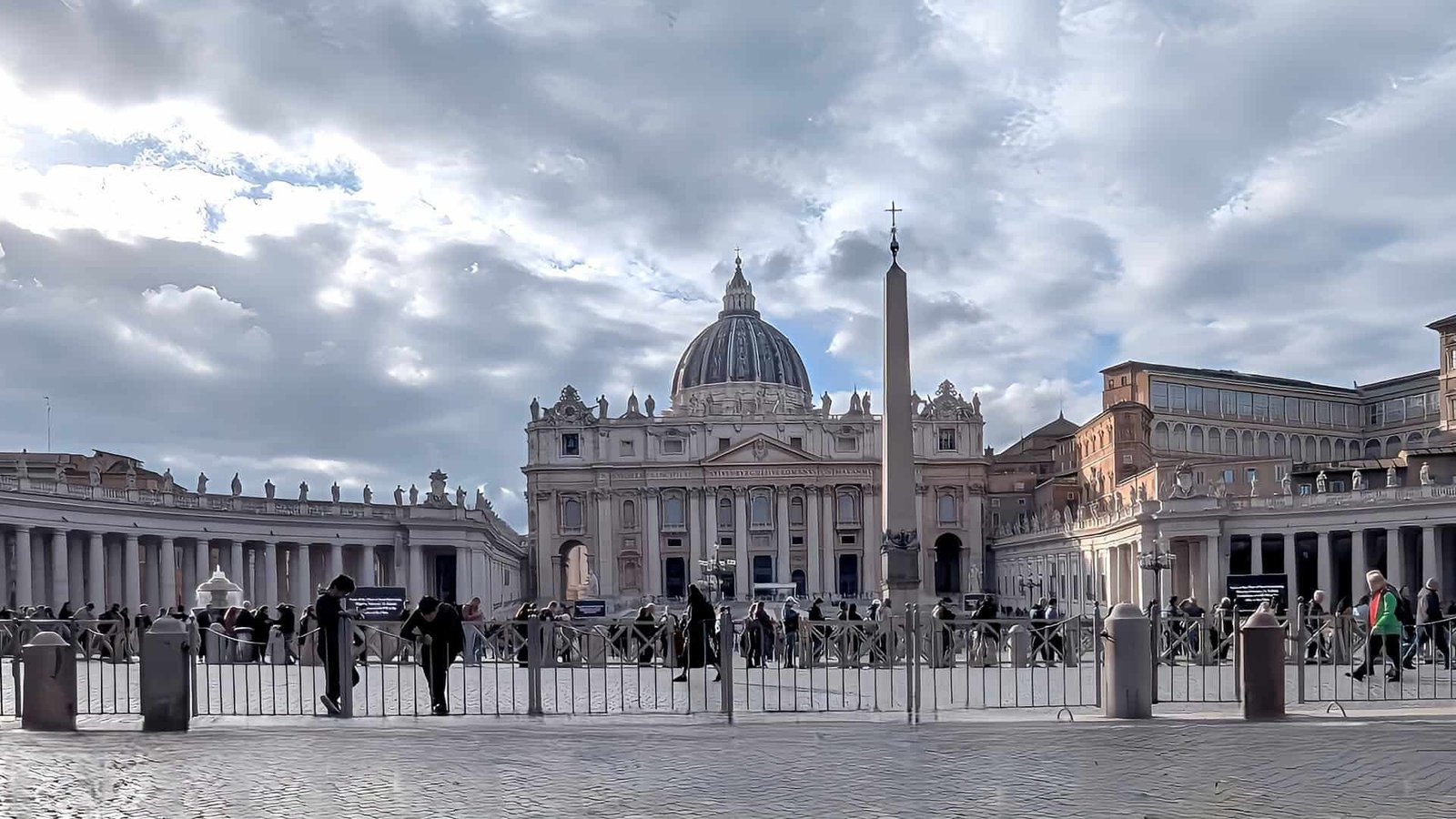 wide angle view of St Peter's Square and Basilica Vatican Rome