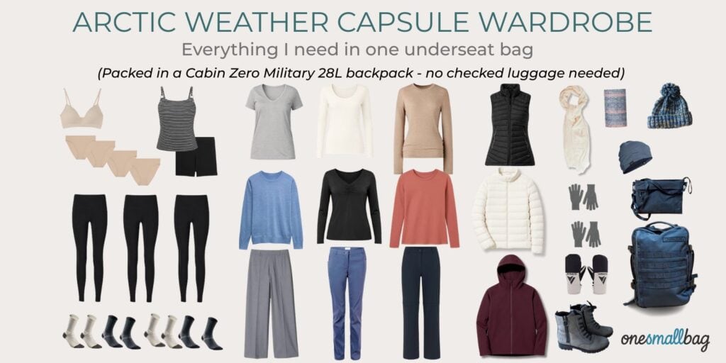 Arctic Weather Travel Capsule in one small underseat bag - minimalist packing