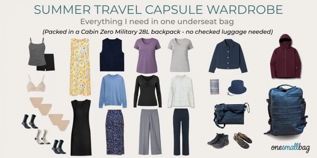 Summer Travel Capsule Wardrobe in one underseat bag - minimalist packing