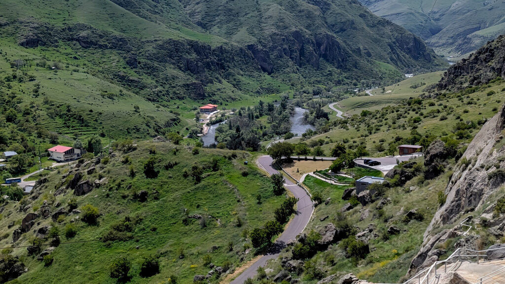 View of the river valley from Vardzia including the entrance and ticket office