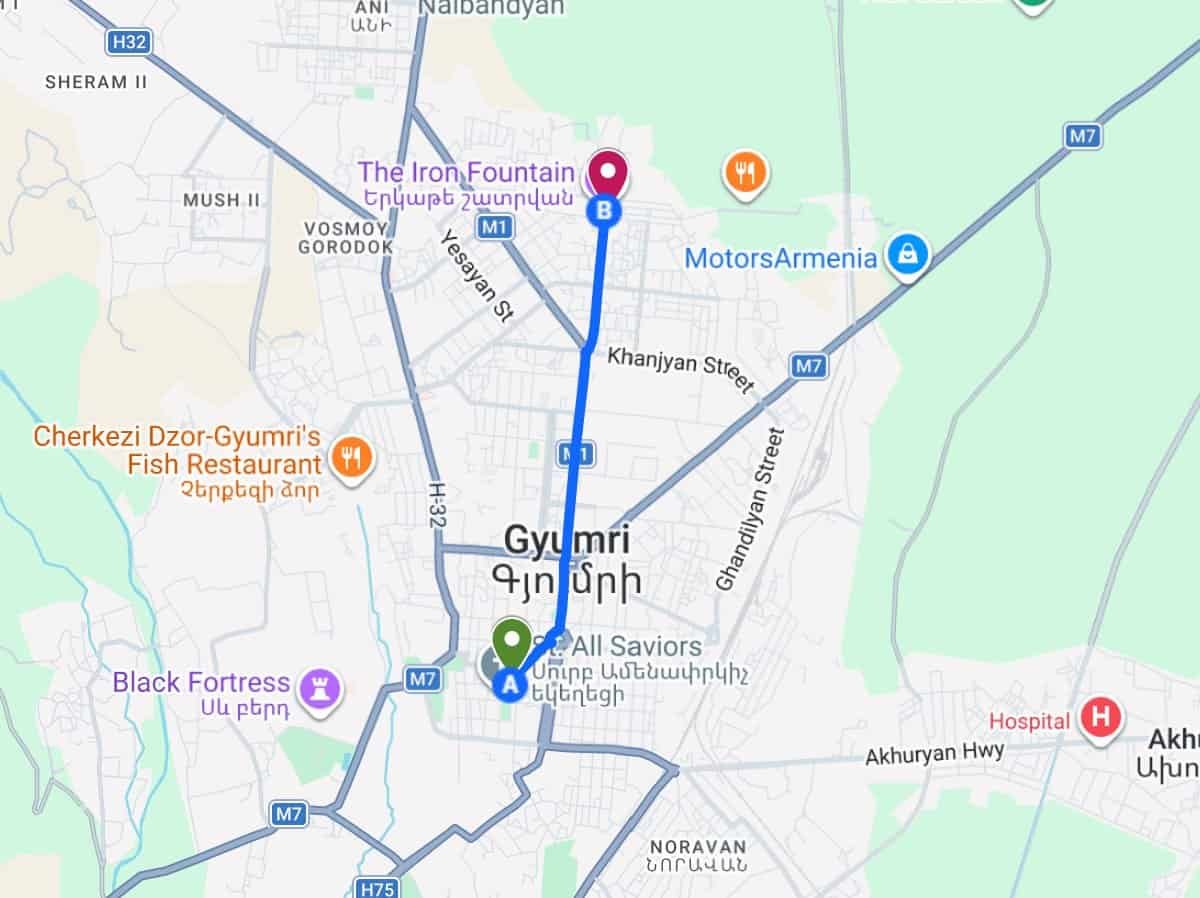 Directions to Iron Fountain (Gyumri UFO) from Vardanants Square - Armenia