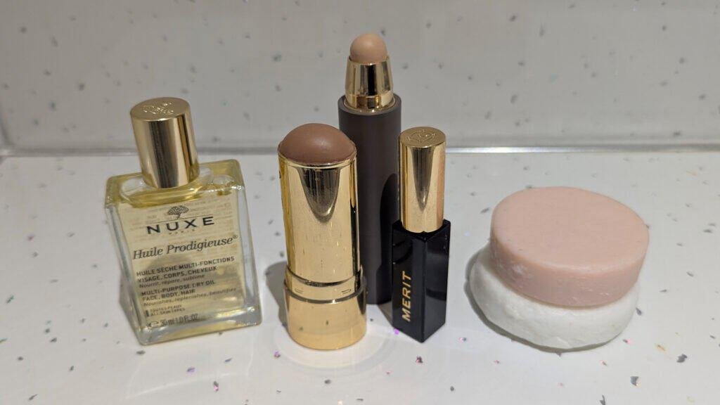 Multi Use Toiletries - Nuxe Dry Oil for Face, Body and Hair, Merit stick makeup and 2-in-1 solid toiletries