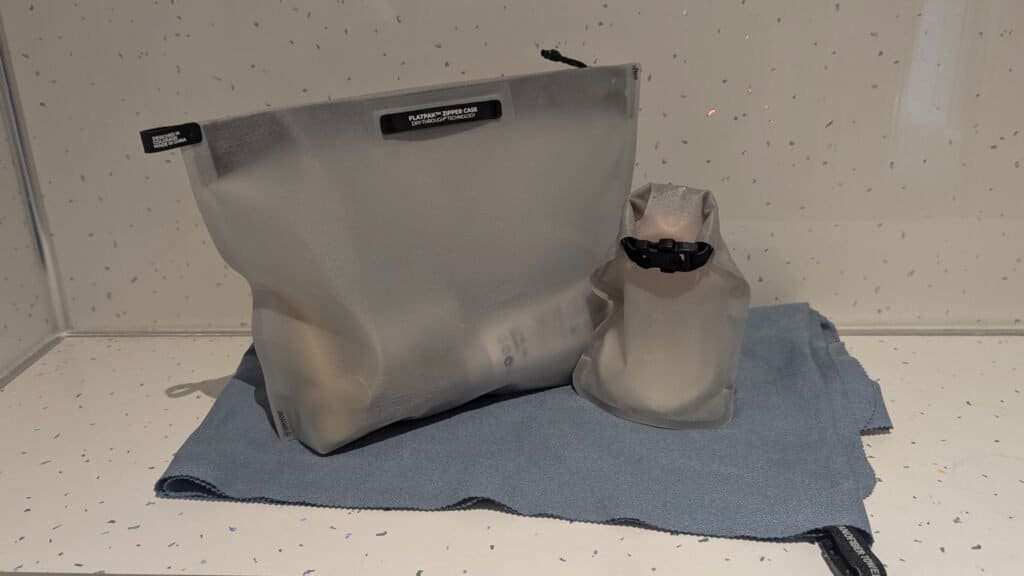 Lightweight Travel Toiletries for One Bag Travel. White Matador Toiletries Zipper Pouch and Soap Bar Case plus Travel Towel