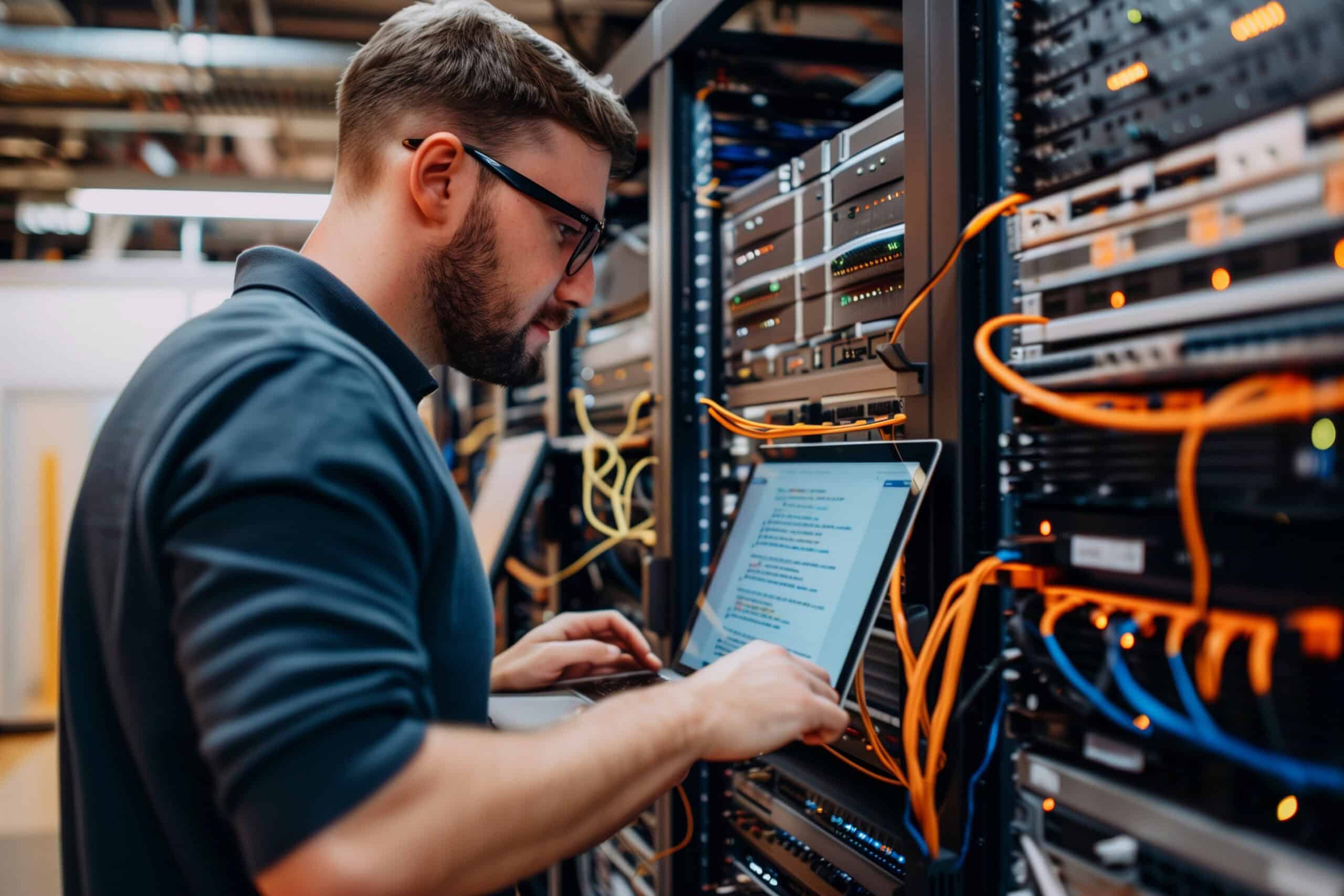 Server technician working on network cables and servers in data center.