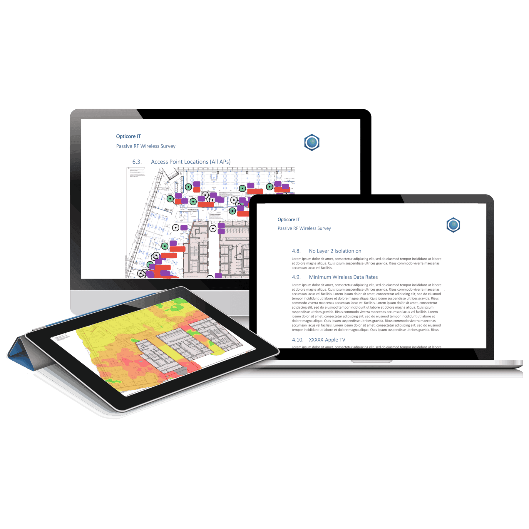 Passive RF wireless survey displayed on multiple devices with site plans and data analysis screenshots.