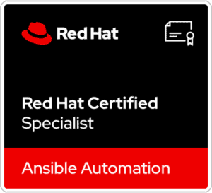 Red Hat Certified Specialist Ansible Automation badge with certificate icon.