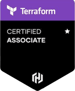 Terraform Certified Associate badge in black and purple design.