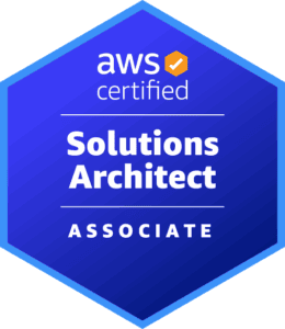 AWS Certified Solutions Architect Associate badge on blue background.
