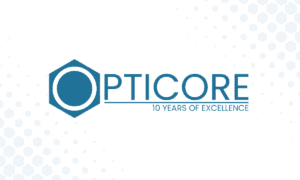Opticore logo with hexagonal design elements and "10 Years of Excellence" text.