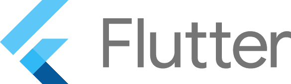 A Flutter logo with a gradient blue icon and grey text.