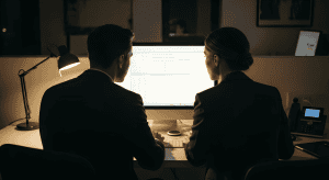 Business professionals analyzing data on a computer screen in an office environment.