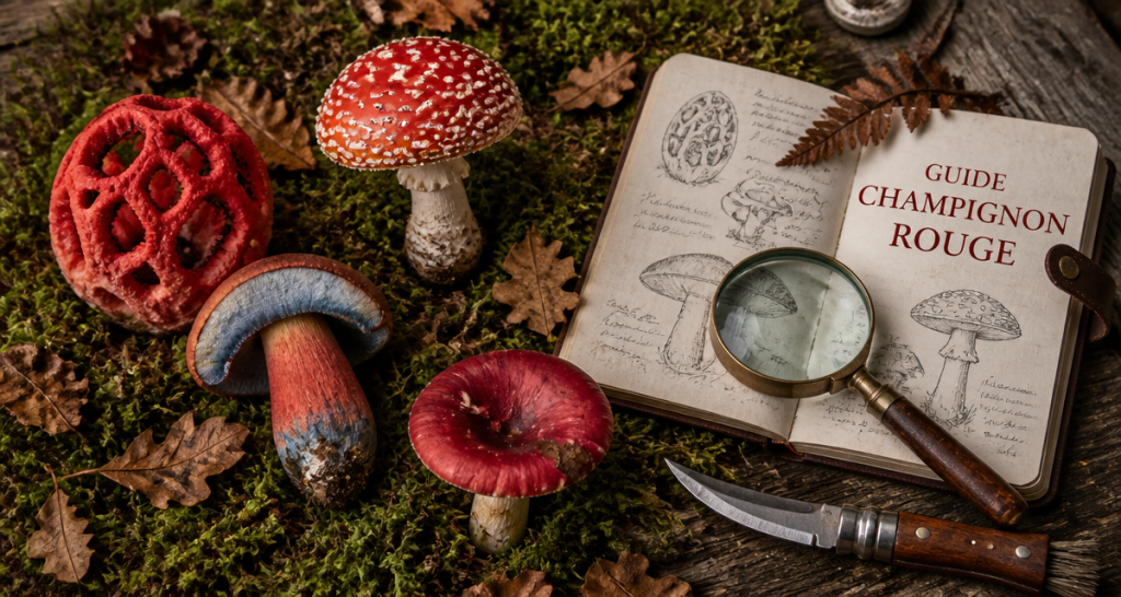 champignon rouge variétés sur table en bois