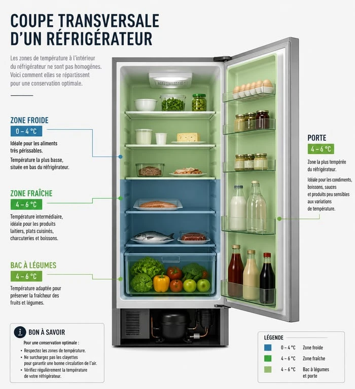 Schéma des zones de température pour bien ranger son frigo
