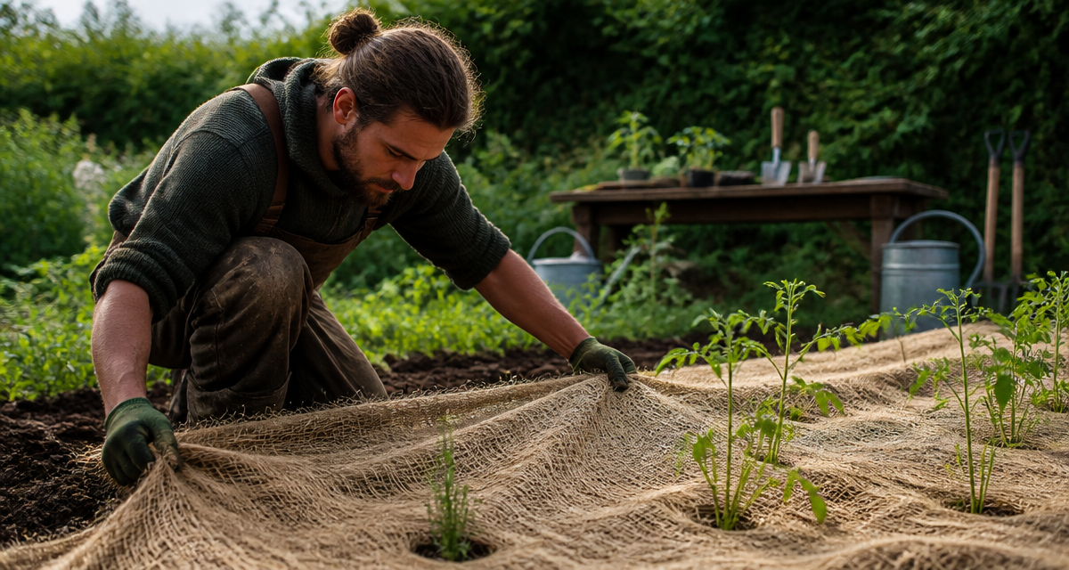 toile de paillage biodégradable posée au potager
