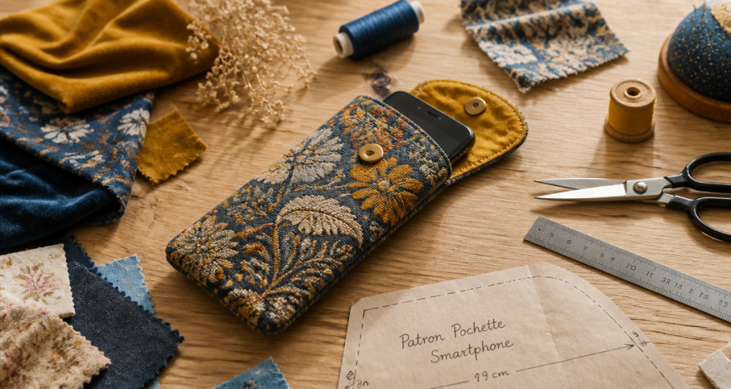 tuto pochette en tissu pour téléphone portable sur table de couture