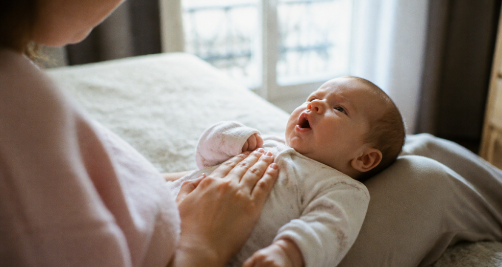 bébé qui grogne et racle la gorge allongé