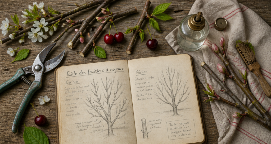 quand tailler les arbres fruitiers à noyaux, outils de taille sur plan de travail