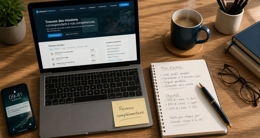 Télétravail pour arrondir ses fins de mois, bureau avec ordinateur et carnet