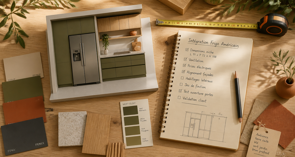 comment intégrer un frigo américain dans une cuisine, vue flat-lay moderne