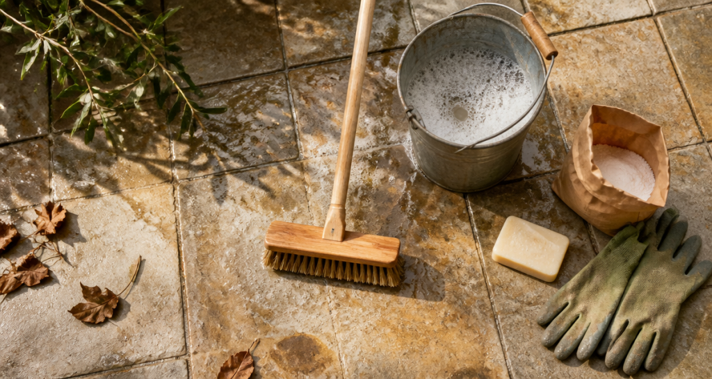 nettoyer dalle de terrasse avec balai brosse et savon naturel