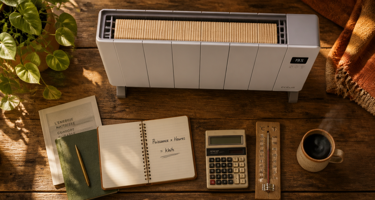 Radiateur à inertie consommation sur table avec calculatrice et carnet