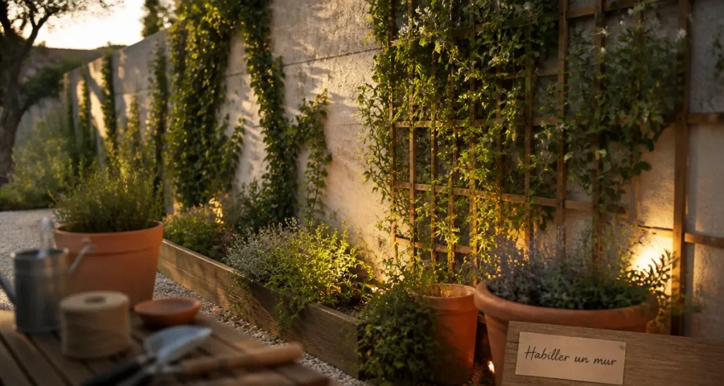Cache mur extérieur : lierre et jasmin sur mur en crépi gris, jardinières