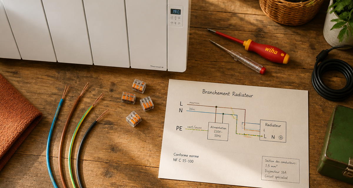 comment brancher un radiateur électrique sur un plan de travail avec outils et schéma