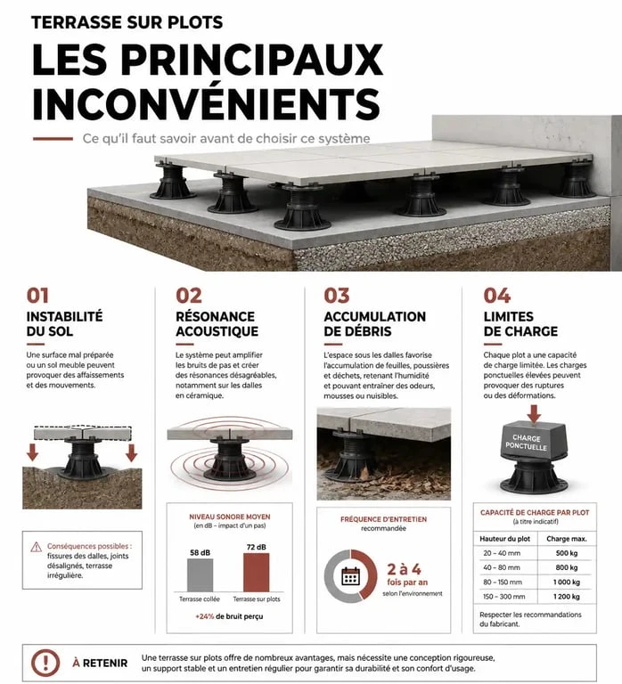 Infographie des inconvénients d'une terrasse sur plots : stabilité, bruit, entretien et charge