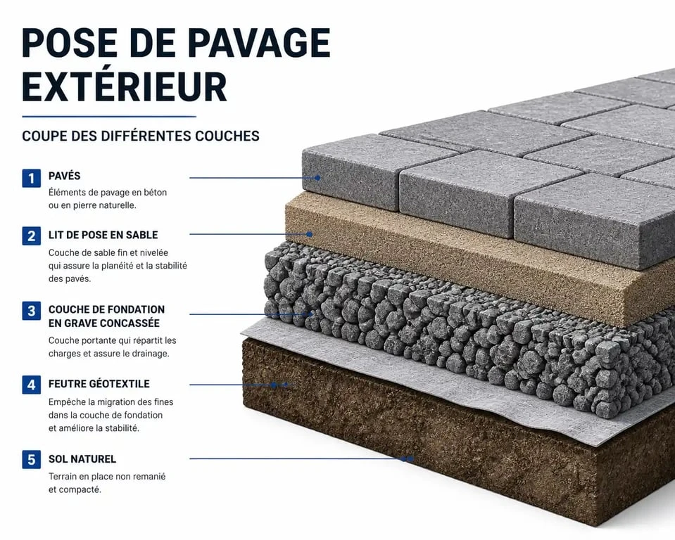 Schéma en coupe des étapes de pose de pavage extérieur