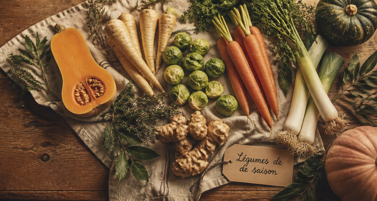 Légumes de saison janvier sur table en bois