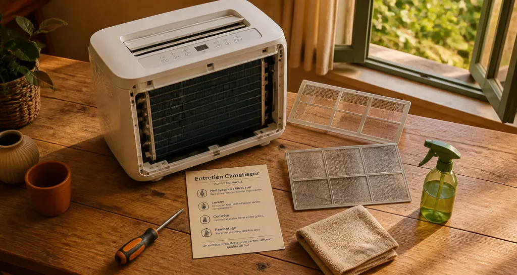 Réparation climatiseur mobile avec outils sur plan de travail