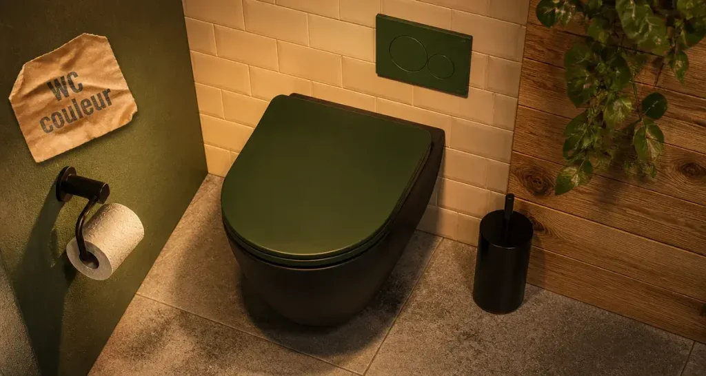 Toilette coloré : WC design vert forêt, cuvette suspendue et abattant