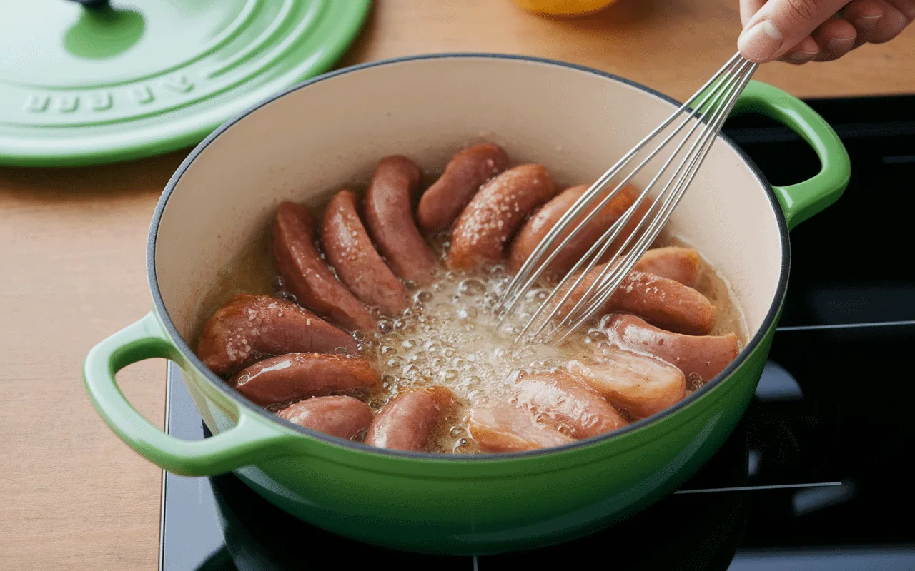 Préparation cuisson saucisse de Strasbourg eau frémissante