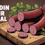 Boudin noir halal sur planche avec oignons et herbes